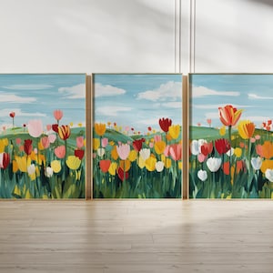 Colorful Tulip Field Painting Printable Wall Art Set of 3 Living Room Decor Triptych 2:3 Ratio