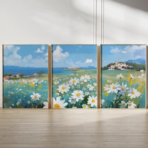 Coastal Daisy Landscape Triptych Wall Art Printable Home Decor Set of 3