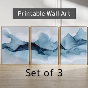 Tríptico abstracto azul con diseño de olas, arte mural imprimible para sala de estar moderna, juego de 3 láminas, proporción 2:3