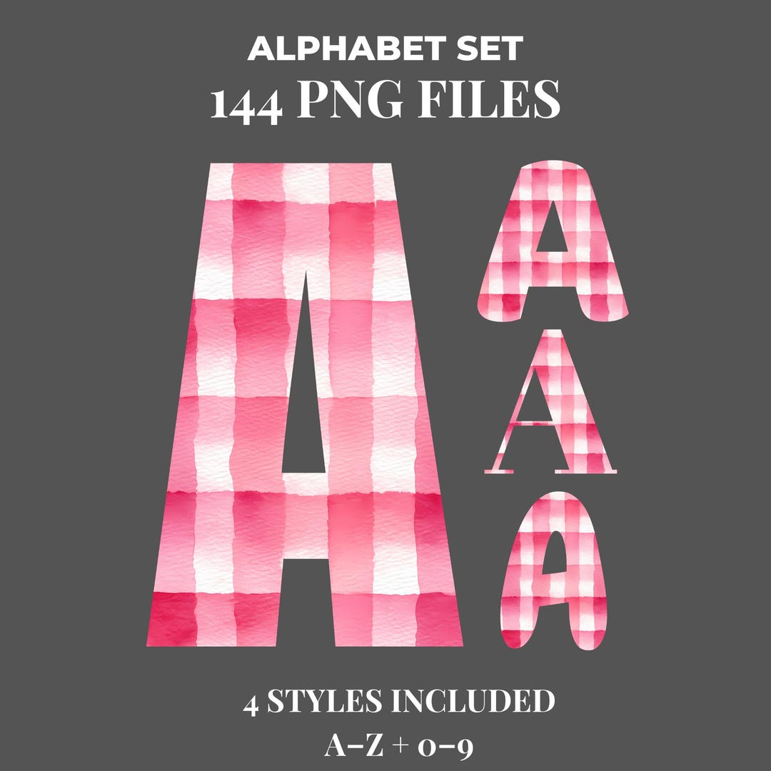 Pink Gingham Alphabet and Numbers Clipart Set, 144 PNG Files, A–Z 0–9 ...