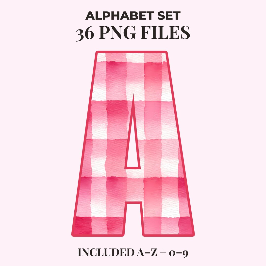 Pink Gingham Alphabet and Number Clipart Set, A to Z 0-9, 36 PNG Files ...