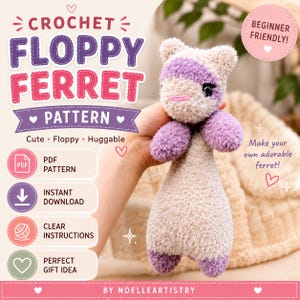 Puede incluir: Un patrón de ganchillo para un hurón flexible, con el texto Crochet Floppy Ferret Pattern, Beginner Friendly, PDF Pattern, Instant Download, Clear Instructions, Perfect Gift Idea y By Noelleartistry. El hurón es de color beige y morado.
