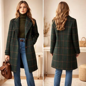 レディース向けヴィンテージグリーンチェック柄オーバーコート、ダークアカデミアロングチェック柄冬ジャケット