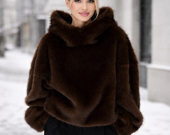 Oversized Brown Faux Fur Hooded Coat for Women, Chic Winter Streetwear Jacket