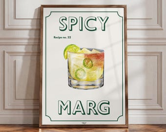 Impresión de arte mural de margarita picante / Marg picante / Impresión de cóctel / Arte de cocina retro / Regalo para amantes de los cócteles / Impresión vintage de cócteles para bar en casa