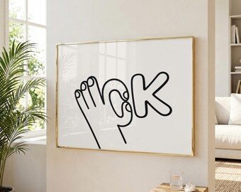 Okay Hand Print | Retro Line Art Wall Art | Minimalist Typography Poster | Monochrome Modern Decor