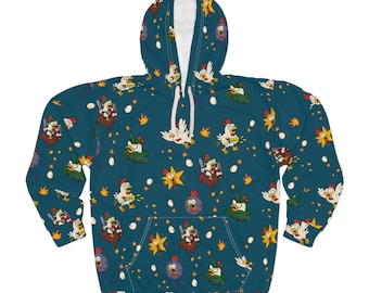 Skurril Huhn Muster Hoodie | All-Over Print, Farmyard Motiv in Petrol