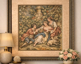 Tapiz francés vintage enmarcado para pared - Escena rococó romántica - Marco dorado ornamentado 28x28”