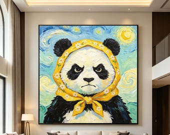 Original Van Gogh Inspired Panda Painting, Starry Night Animal Wall Art, Impressionist Panda Portrait,Whimsical Decor for Living Room Office