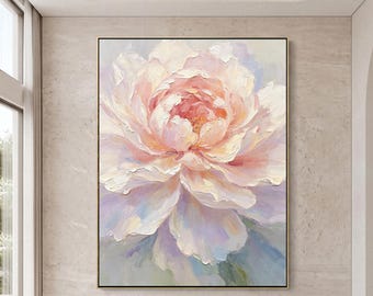 Blush Pink Peony Oil Painting, Textured Floral Wall Art, Original Romantic Artwork, Modern Minimalist Decor for Living Room, Bedroom, Office