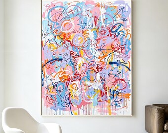 Original Pastel Abstract Graffiti Canvas Art, Colorful Street Pop Wall Painting for Modern Living Room, Entryway, Studio, Loft Home Decor