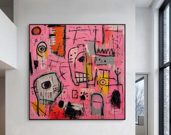 Original Pink Abstract Expressionist Painting, Maximalist Canvas Wall Art, Bold Colorful Wall Decor for Living Room, Entryway,Studio,Gallery