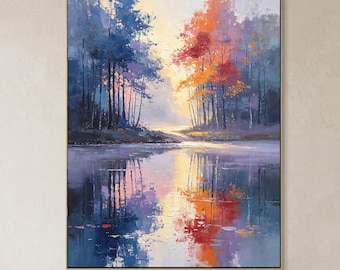 Original Autumn Forest Oil Painting, Large Modern Impasto Lake Landscape Wall Art, Contemporary Impressionist Decor for Living Room, Office
