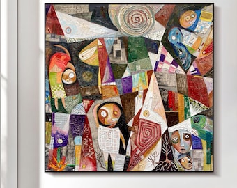 Original Abstract Cubist Canvas Painting, Colorful Folk Art Wall Decor, Whimsical Modern Gallery Artwork for Hallway, Living Room Decor