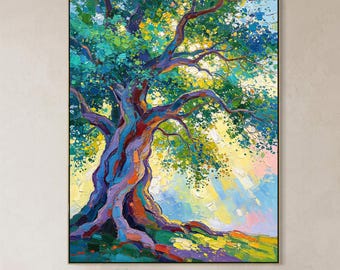 Original Colorful Tree of Life Painting, Abstract Impasto Landscape Wall Art, Large Vertical Canvas for Living Room, Entryway, Office Decor