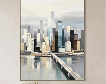 Original Modern City Skyline Oil Painting, Abstract Urban Landscape Wall Art, Contemporary Minimalist Decor for Living Room, Office, Bedroom