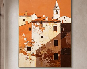 Original Mediterranean Village Oil Painting, Rustic Terracotta Cityscape Wall Art, European Architecture Canvas for Living Room Decor