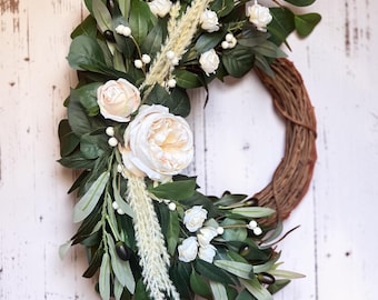 Neutral Everyday Wreath for Front Door | Cream Floral Grapevine Wreath | Farmhouse Door Decor | Spring Summer Wreath I Year Round Wreath