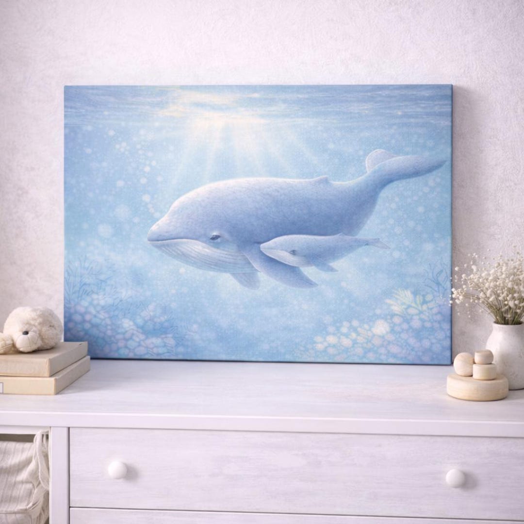 Whale Wall Art Canvas, Mother and Baby Whale Print, Ocean Nursery Decor ...