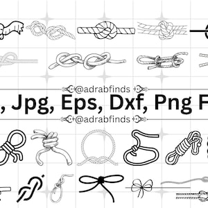 Op de afbeelding: Een verzameling zwart-wit lijntekeningen met diverse touwknopen en verbindingen. De afbeelding bevat de tekst @adrabfinds en Svg, Jpg, Eps, Dxf, Png Files, met een verscheidenheid aan nautische en decoratieve knoopstijlen in beeld gebracht.
