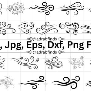 Op de afbeelding: Zwart-wit digitale illustraties van windvlagen en wervelingen. De afbeelding bevat verschillende ontwerpen van windelementen, met de tekst "Svg, Jpg, Eps, Dxf, Png Files" en de gebruikersnaam "@adrabfinds".