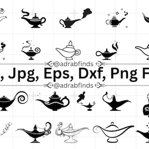 Puede incluir: Ilustraciones en blanco y negro de lámparas de genio en varios estilos. La imagen incluye el texto "Svg, Jpg, Eps, Dxf, Png Files" y el nombre de usuario @adrabfinds.