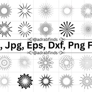 May include: A collection of black and white sunburst designs in a grid arrangement. The text "Svg, Jpg, Eps, Dxf, Png Files" is displayed. The background is white with a subtle grid pattern.