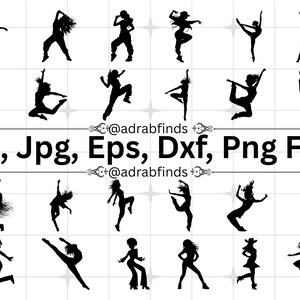 Puede incluir: Una colección de veinticuatro siluetas negras de personas en varias poses de baile dispuestas en una cuadrícula. El texto @adrabfinds aparece dos veces, y el texto Svg, Jpg, Eps, Dxf, Png Files está centrado horizontalmente en el medio.