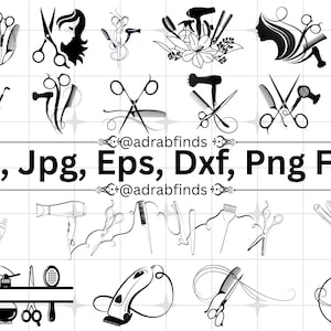 May include: Black and white illustrations of various hairdressing tools and silhouettes, including scissors, hair dryers, combs, and a woman's profile. The text "Svg, Jpg, Eps, Dxf, Png Files" is displayed below the images, with the seller's username.
