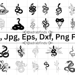 May include: A collection of black and white snake illustrations in various poses. The image includes text that reads "Svg, Jpg, Eps, Dxf, Png Files" and the username "@adrabfinds". The snakes are depicted in a variety of styles, from simple silhouettes to detailed drawings.