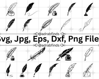 Feather Pen SVG Bundle, Pen Quill Svg, Feather Svg, Calligraphy Clipart, Pen Svg, Feather Pen Silhouette, Bird Feather Svg, Commercial Use