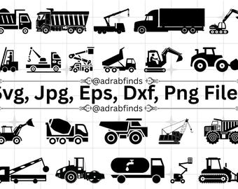 Construction Vehicles SVG Bundle, Construction Svg, Construction Trucks Svg, Crane Svg, Bulldozer Svg, Excavator Svg, Dump Truck Clipart