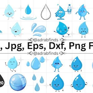 May include: A collection of blue water droplet illustrations in various styles, some with faces and expressions. The image includes the text "Svg, Jpg, Eps, Dxf, Png Files" and the seller's username. The illustrations are suitable for digital design projects.