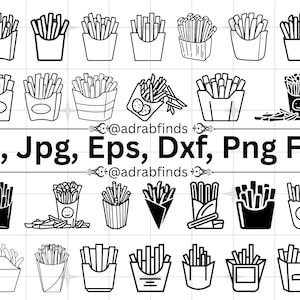 Könnte beinhalten: Sammlung von Schwarz-Weiß-Strichzeichnungen von Pommes Frites in verschiedenen Behältern. Das Bild enthält den Text "Svg, Jpg, Eps, Dxf, Png Files" und den Benutzernamen "@adrabfinds".