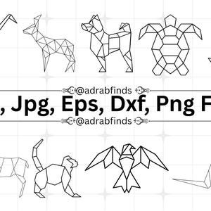 Peut inclure: Divers dessins géométriques d'animaux en noir et blanc, dont une grue, un cerf, un chien, une tortue et un lapin. Le texte "Svg, Jpg, Eps, Dxf, Png Files" est également affiché.