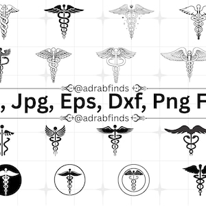 Può includere: Una collezione di simboli del Caduceo in bianco e nero in vari design. L'immagine include il testo "Svg, Jpg, Eps, Dxf, Png Files" e il nome utente "@adrabfinds". Il Caduceo è un simbolo medico.