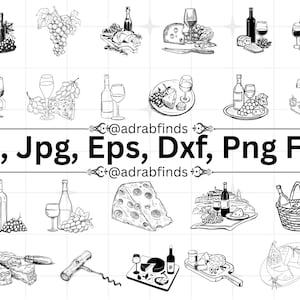 May include: Black and white line art illustrations of wine bottles, glasses, grapes, cheese, and other food items. The text "Svg, Jpg, Eps, Dxf, Png Files" is displayed in the center of the image, with a decorative border.