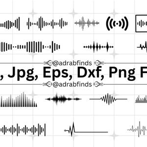 Puede incluir: Una colección de diseños de ondas de audio en blanco y negro. La imagen incluye varios estilos de gráficos de ondas de sonido, junto con el texto "Svg, Jpg, Eps, Dxf, Png Files".