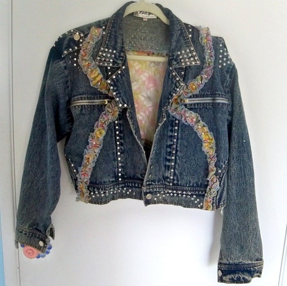 Items similar to Denim Jacket, vintage 80's, Size Large, studded rocker ...