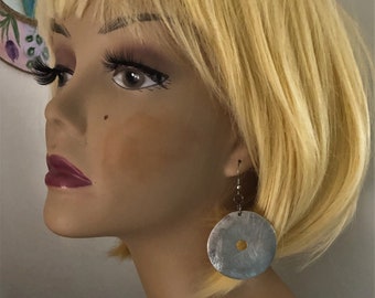Silver tone disc earrings, shiny metal earrings , center hole earrings, large circular silver color earrings, unusual earrings, hand made
