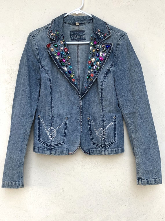 SALE Denim Rhinestone Jacket Hand Sewn Multi Color Rhinestone Denim Jacket Size Medium to Large boho Hippie Embellished Jean Coat Art Etsy UK