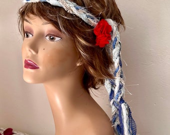 Braided Boho Headband: Blue Lace, Yarn, Red Flower Clip