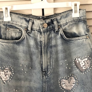 Womens wide leg jeans, high rise stone wash, cut out beaded lace hearts Size 28, frayed hems, boho chic bohemian hippie, relaxed upcycled