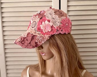 Boho chic glam woman’s baseball cap, festival hippie hat, lace crochet embellished pink cap, unique art to wear