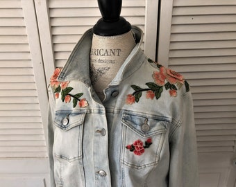 SALE NOW Oversized XL embellished denim jacket, decorated floral jean jacket, custom light blue jacket, boho denim plus size bohemian denim