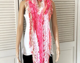 ON SALE Long bohemian tattered scarf pink white shabby hippy wrap boho chic scarf layered ruffle beaded neck scarf hand dyed pinks scarf