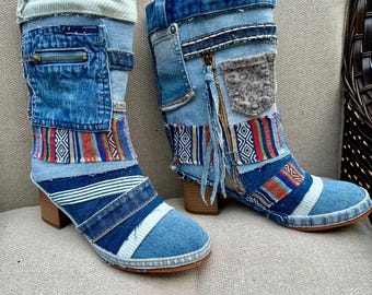 Upcycling Denim Boots: Boho Hippie Style, Größe 39
