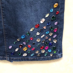 SALE Upcycled denim jeans skirt size 4 to 6, rhinestone embellishments, bling skirt, party club, knee length, fast shipping, crystals skirt