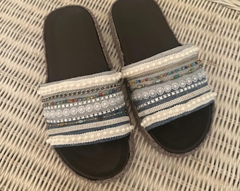 Upcycled Denim Slides, Beaded Embellished Sandals, Size 8-8.5