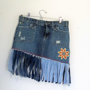 Denim fringe skirt, festival mini skirt, stonewashed denim, embellished denim, custom denim boho cowgirl, country denim skirt, flirty